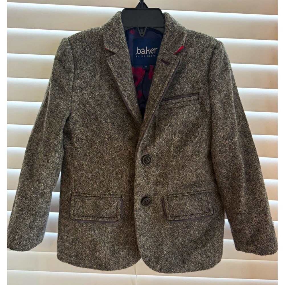 Baker by Ted Baker Boys 5 Gray Wool Tweed Herringbone Suit Jacket Lined
